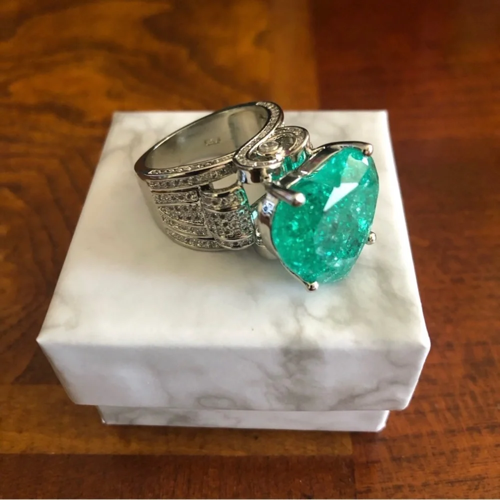 Ladies elegant large paraiba tourmaline emerald heart stone 925 ring 9 NIB